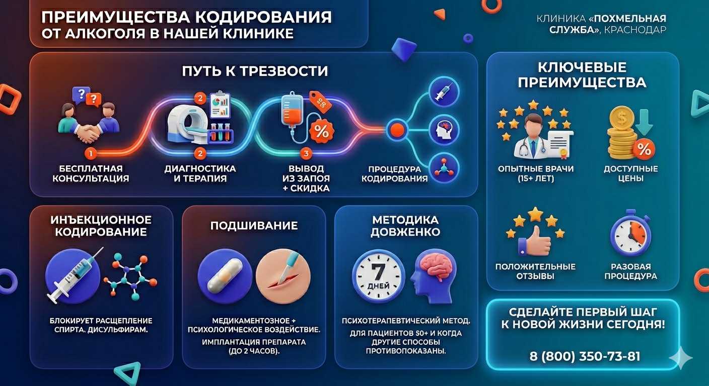 Инфографика о методах кодирования от алкоголя в Калининске: инъекции, подшивание, метод Довженко. Преимущества клиники и этапы лечения.