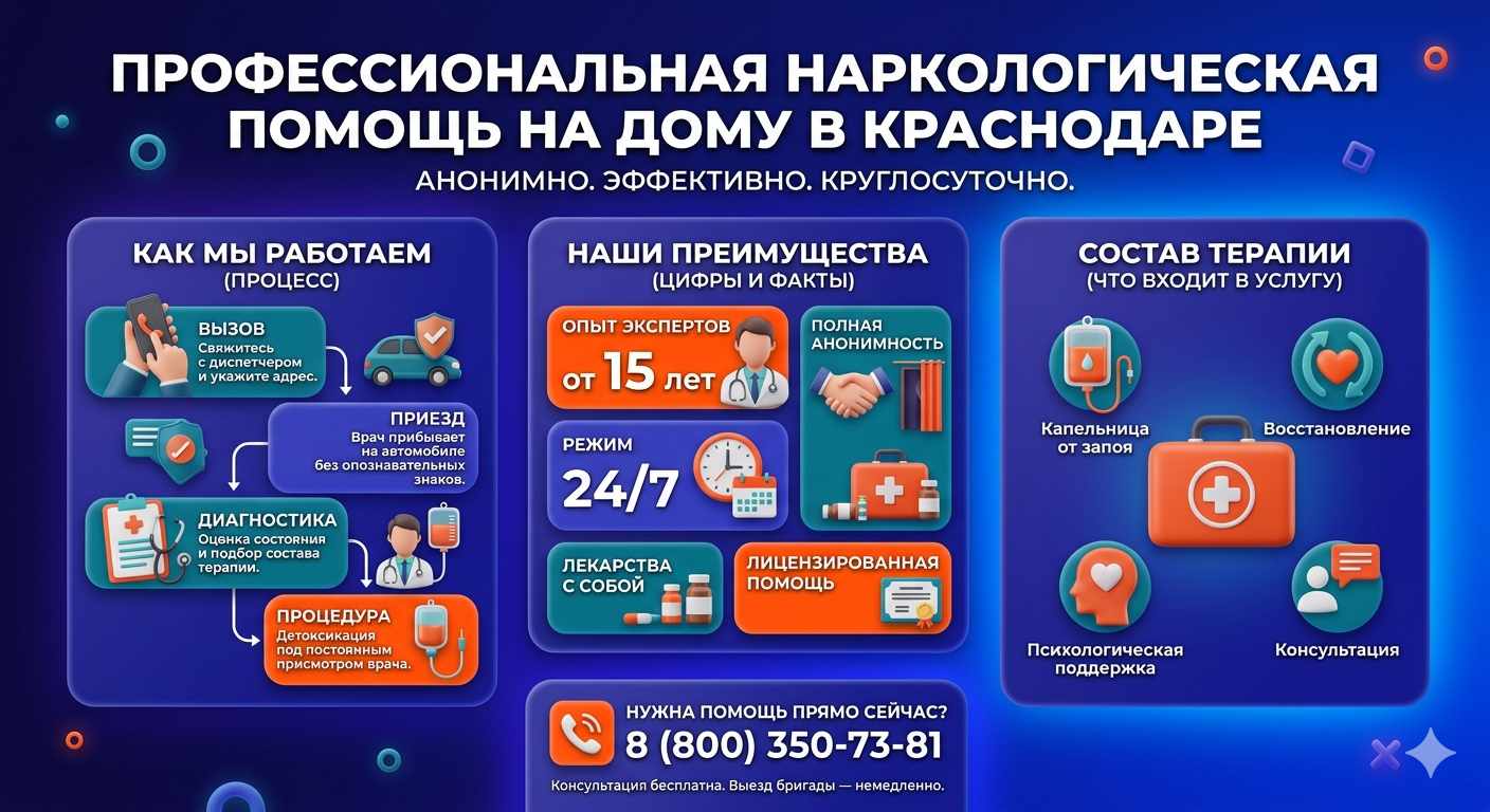 Инфографика о принципах лечения алкоголизма на дому в Калининске: этапы вызова нарколога, преимущества анонимной детоксикации и состав медицинской помощи.